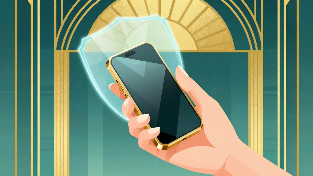 A hand holding a golden digital wallet emitting a protective holographic shield for identity verification.