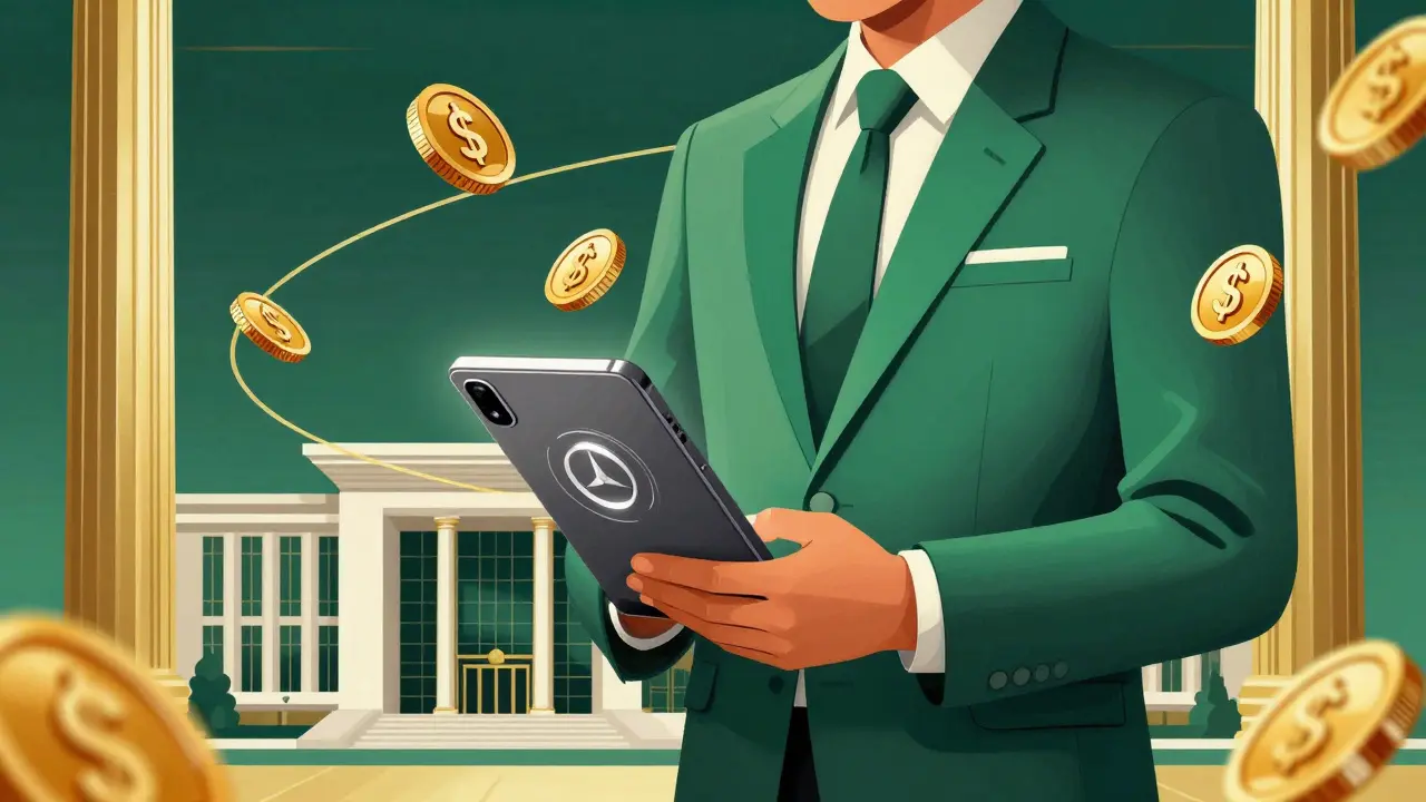 A stylized person using a digital device surrounded by golden coins and Art Deco architecture.
