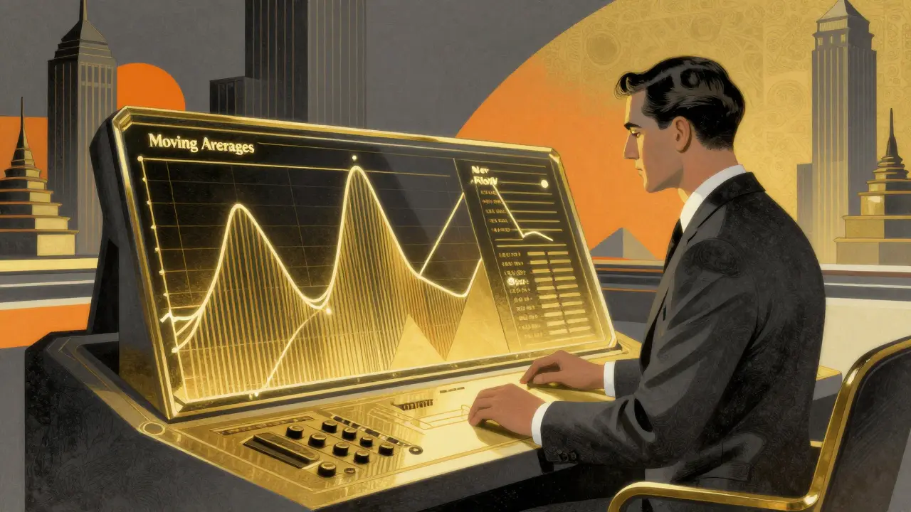 An analyst observing a geometric financial dashboard in a luxurious Art Deco command center.