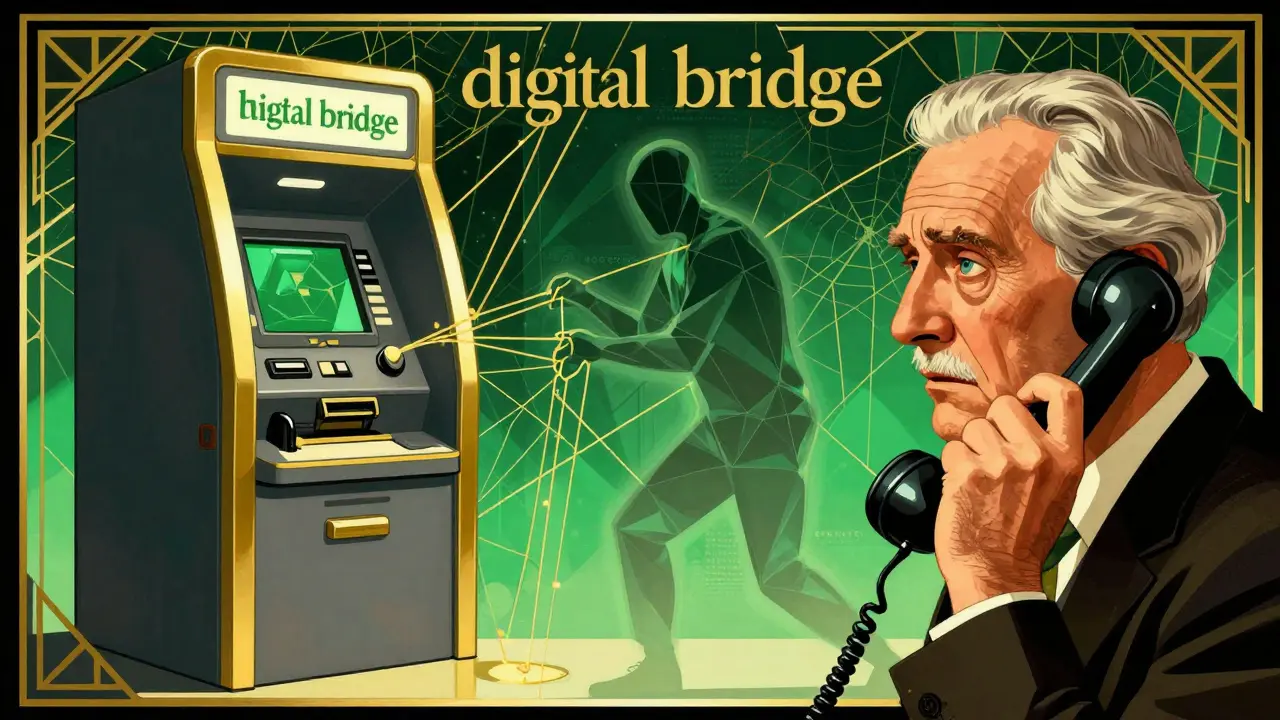 An elderly person on the phone with a shadowy scammer figure near a geometric gold crypto kiosk