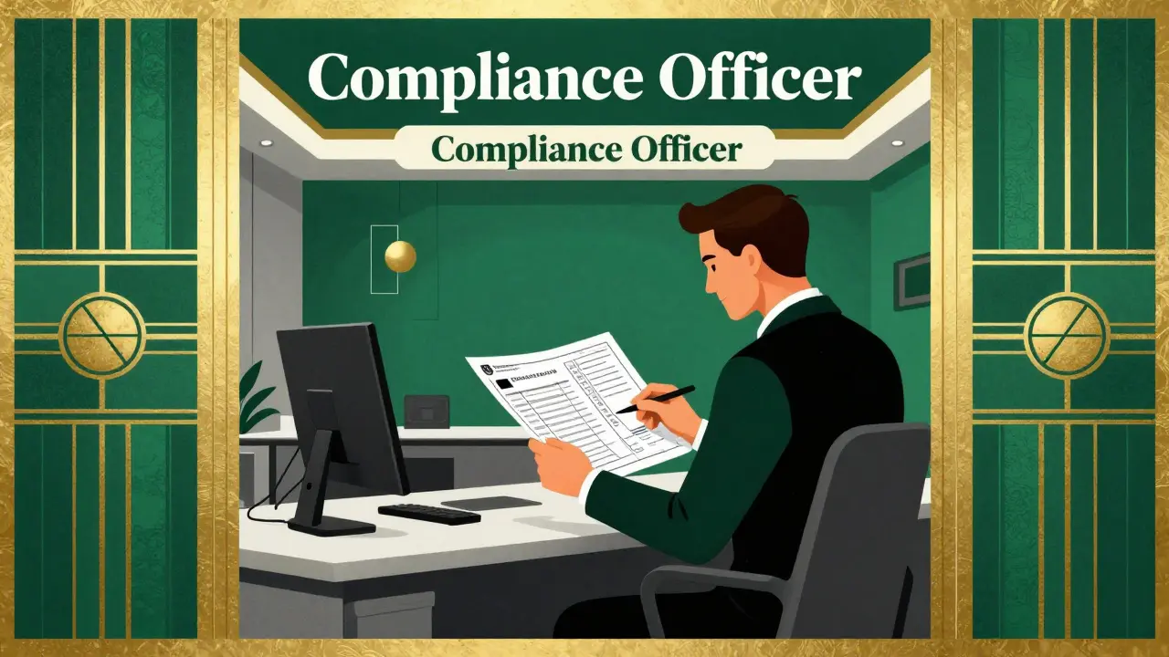 An elegant Art Deco office setting with a professional reviewing compliance documents.