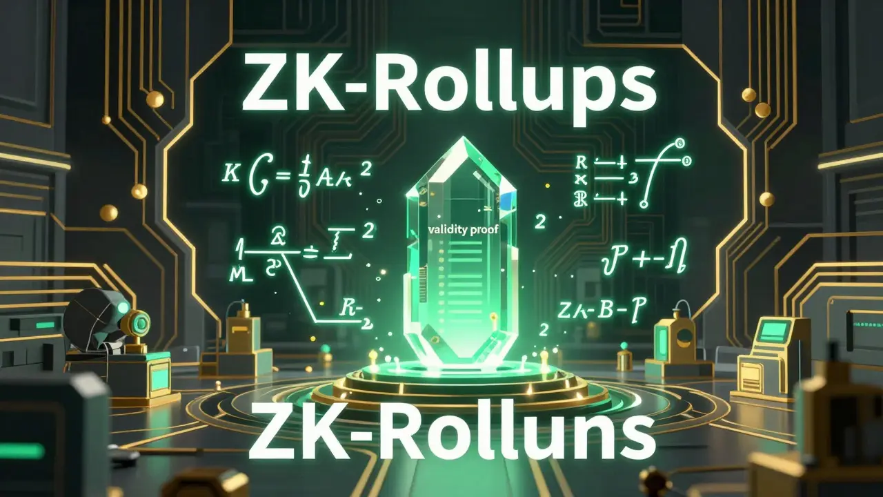 Art Deco illustration of a futuristic lab with glowing math symbols representing ZK-Rollup cryptography.