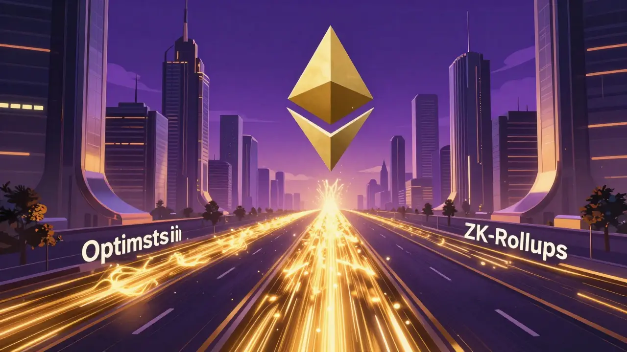 Art Deco illustration of two energy streams merging into a futuristic city, symbolizing L2 convergence.