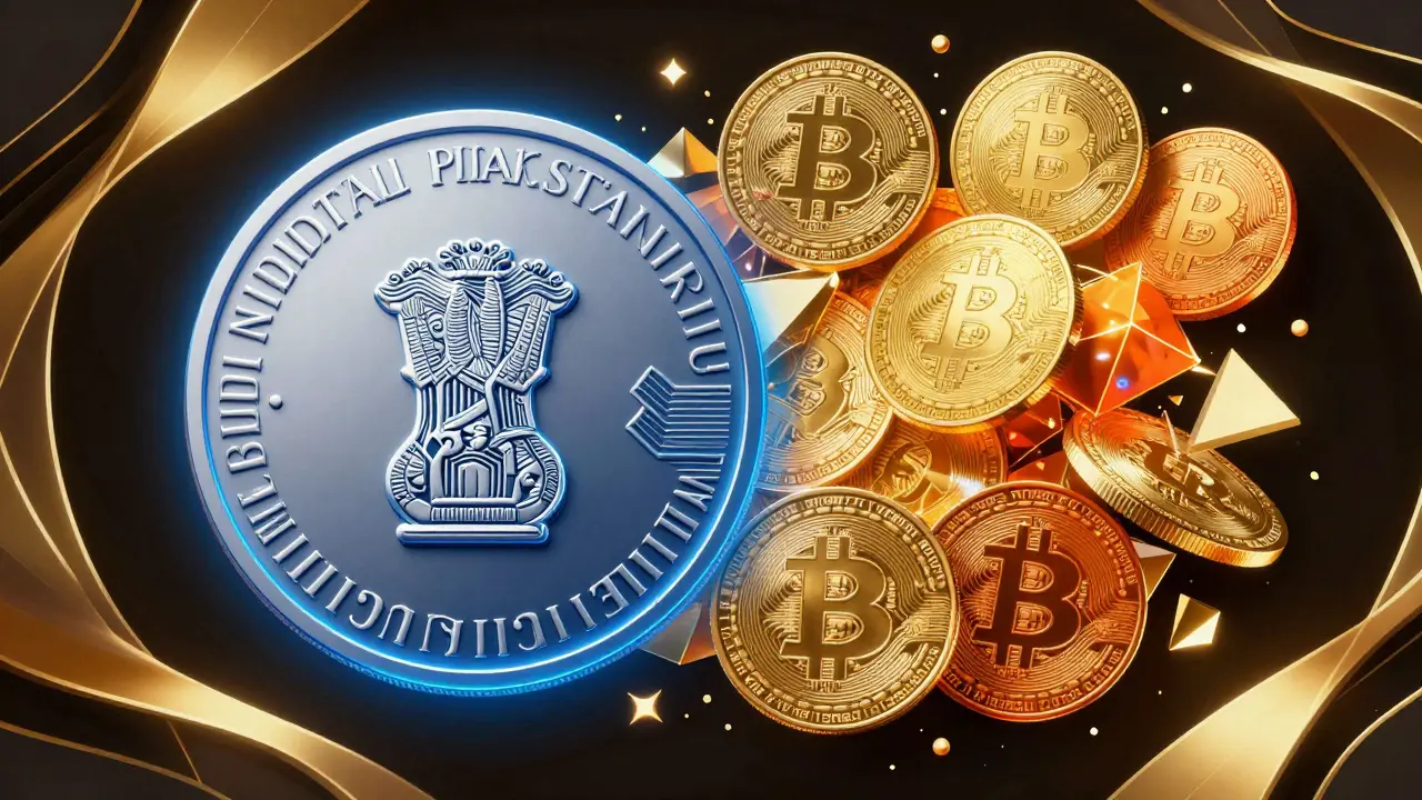 Contrast between a centralized digital rupee and decentralized cryptocurrencies.