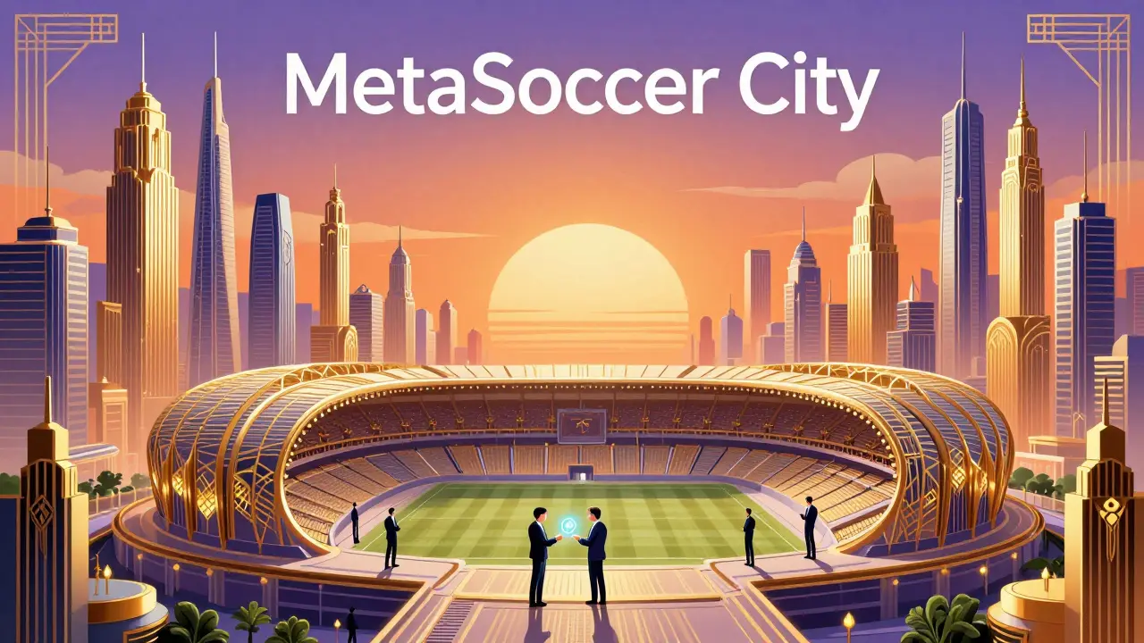 Futuristic Art Deco city featuring streamlined skyscrapers and luxury NFT soccer stadiums.