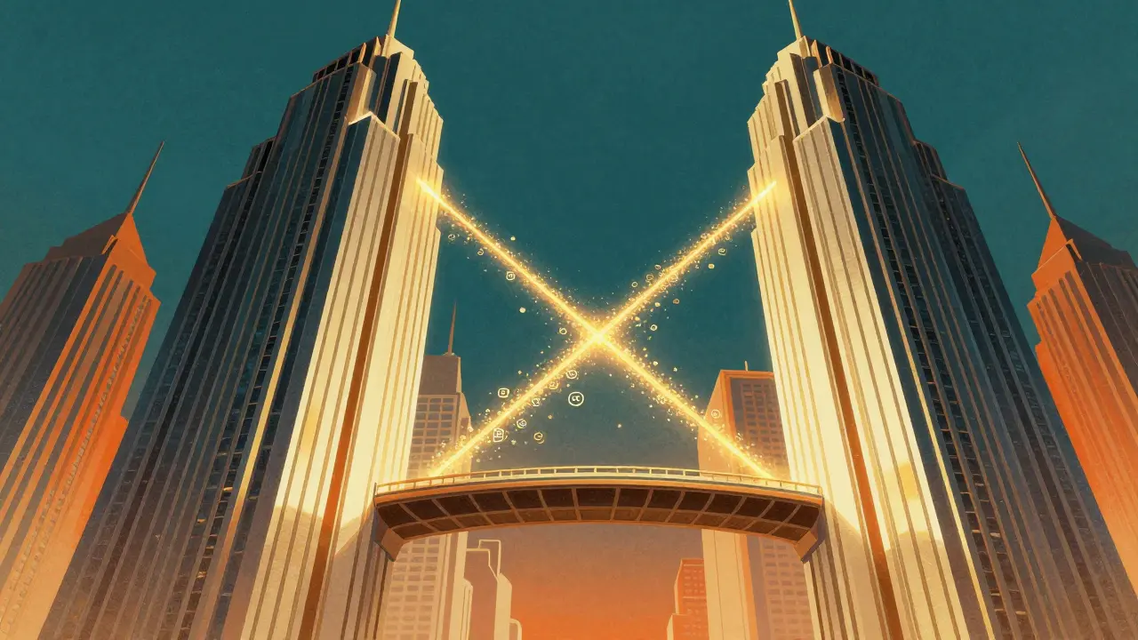 Futuristic golden bridge connecting two metallic Art Deco cities