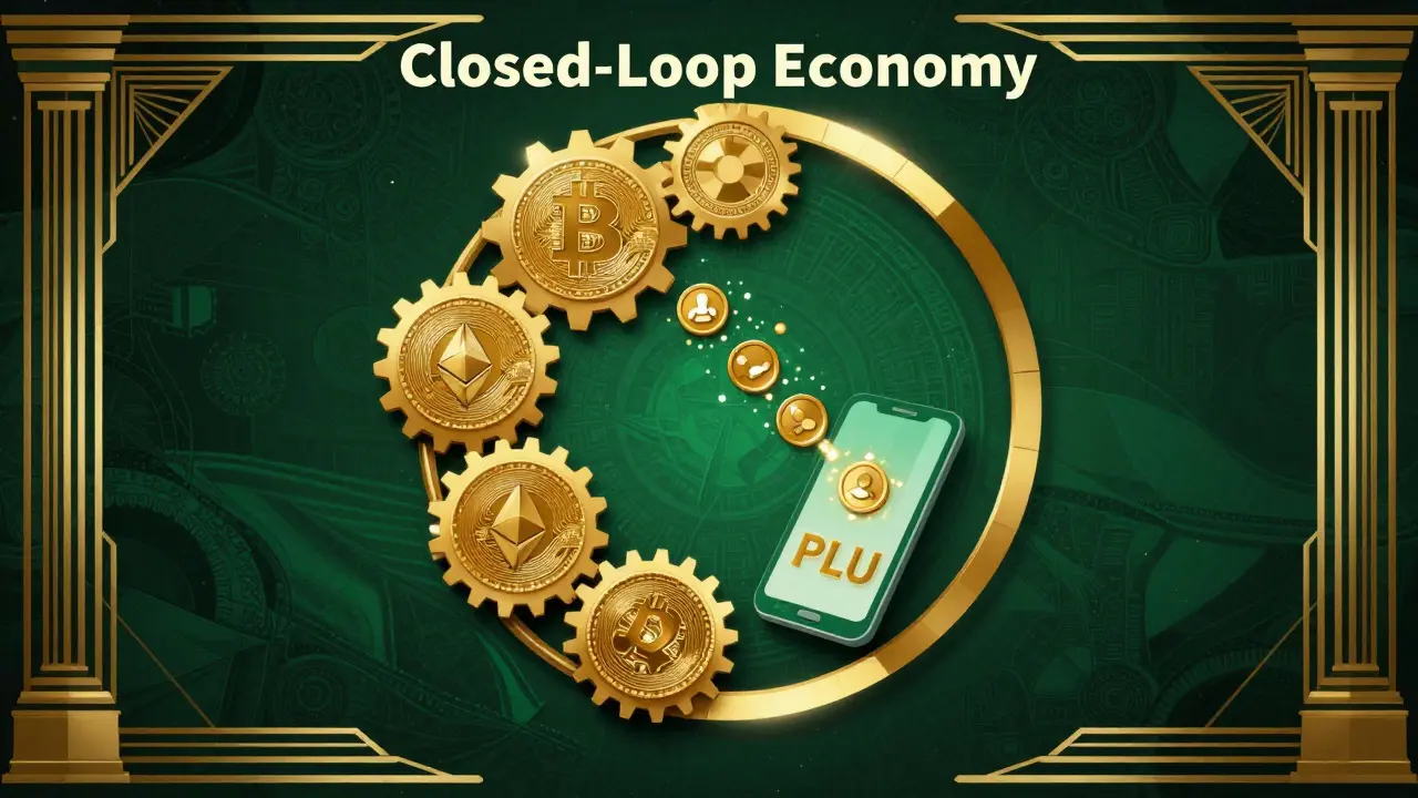 Geometric Art Deco illustration of a cryptocurrency reward cycle with gold accents.