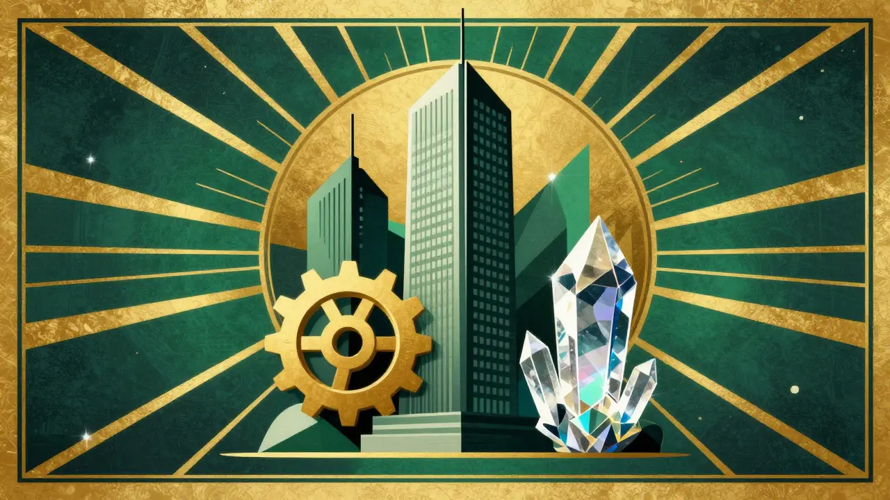 Geometric Art Deco layout representing different cryptocurrency sectors and technologies