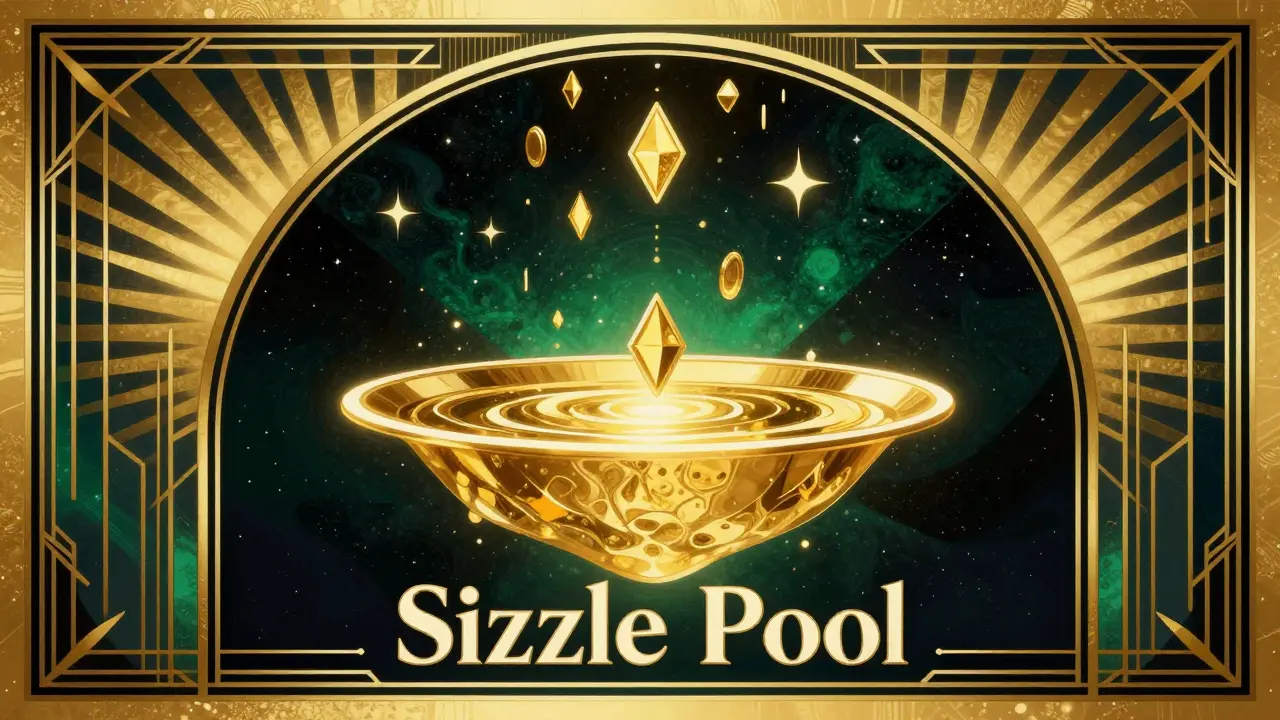 Geometric golden liquidity pool with shimmering tokens in Art Deco style