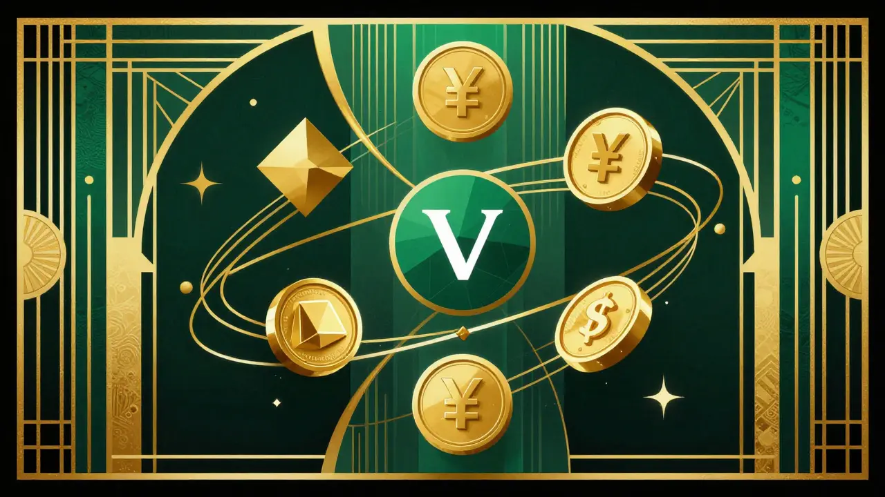 Geometric tokens and gold lines connecting in an Art Deco style liquidity network