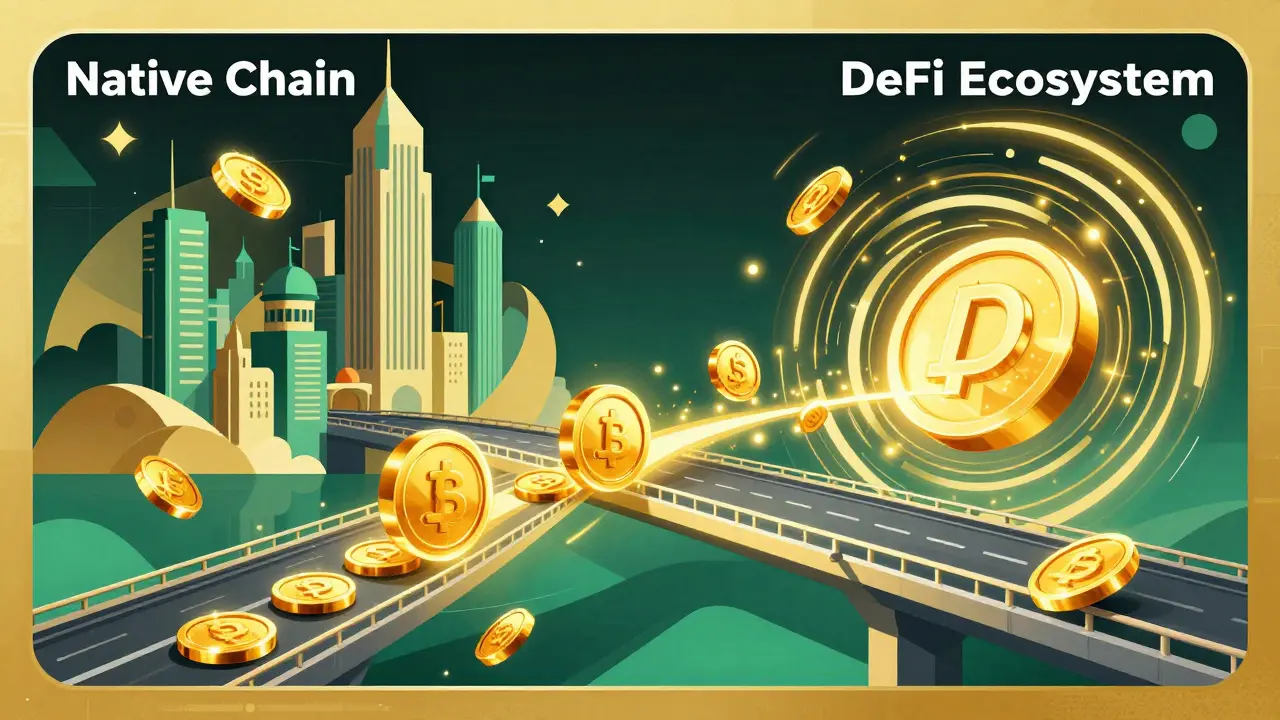 Glowing tokens crossing a geometric bridge between two futuristic digital cities.