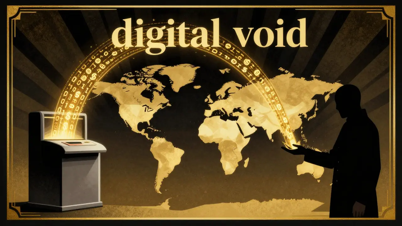 Gold digital currency flowing across a geometric world map to a scammer