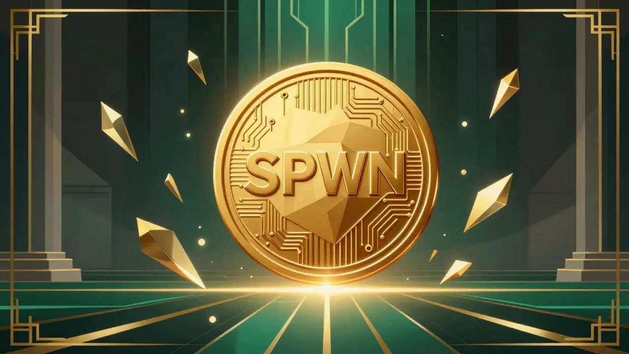 Golden SPWN token in an elegant Art Deco composition symbolizing liquidity.