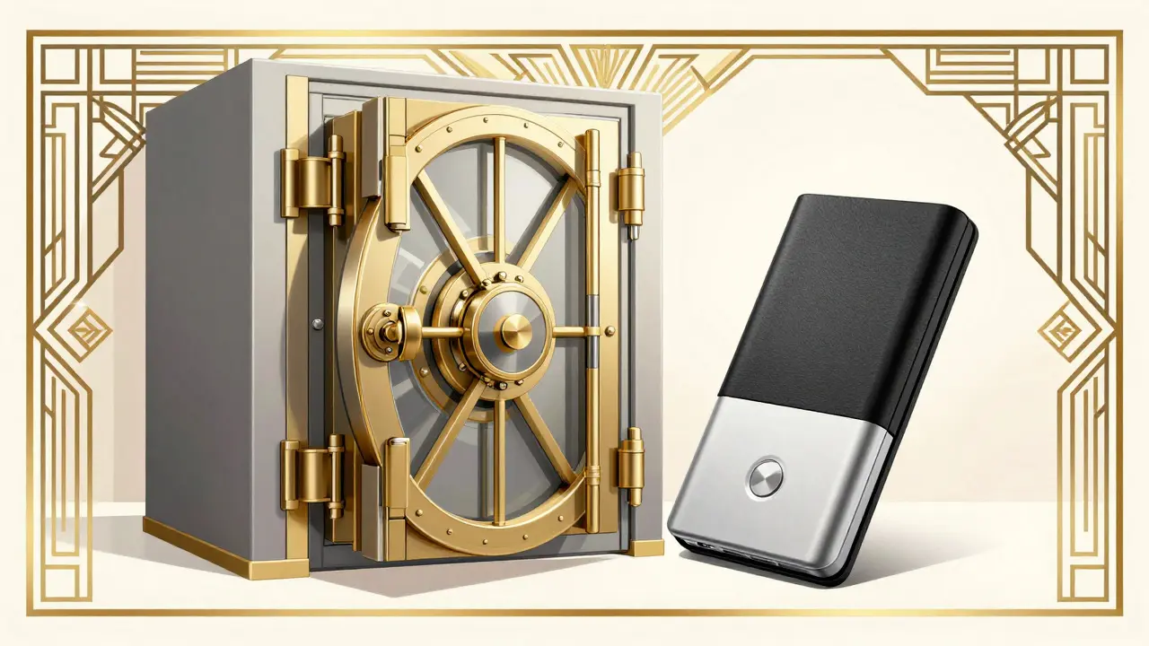 Luxurious Art Deco depiction of a secure digital vault and a crypto hardware wallet.