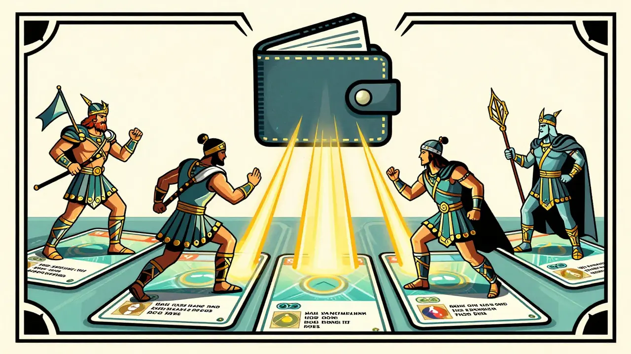 Mythological warriors on digital cards with energy flowing into a wallet.