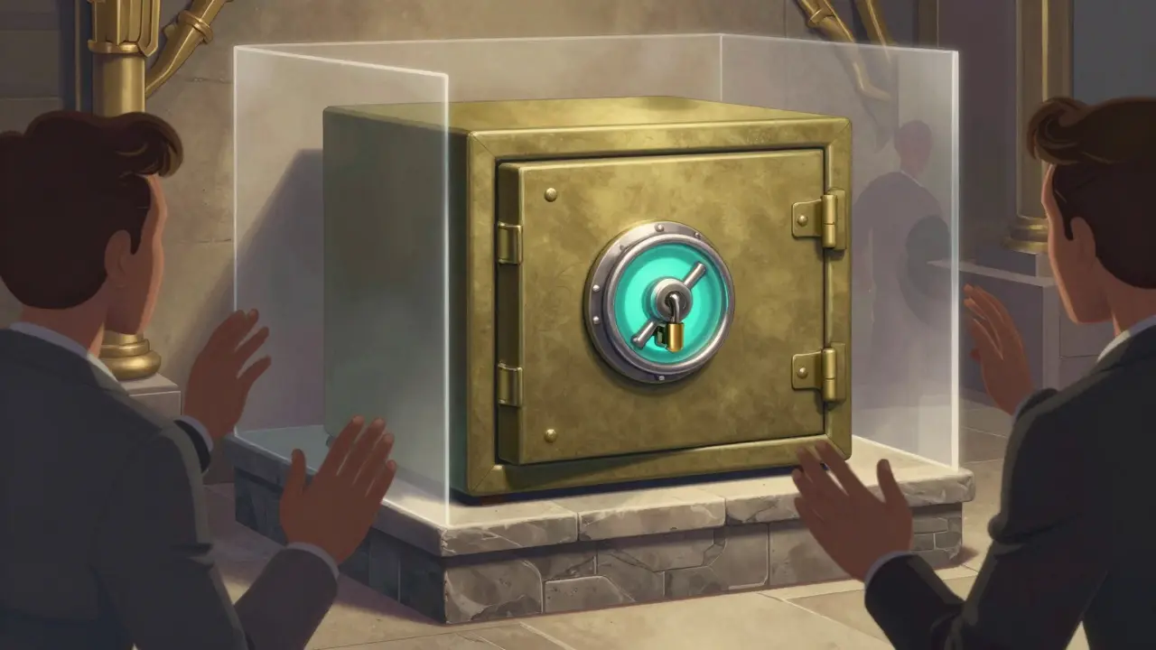 Secure vault protecting assets from shadowy threats in background.