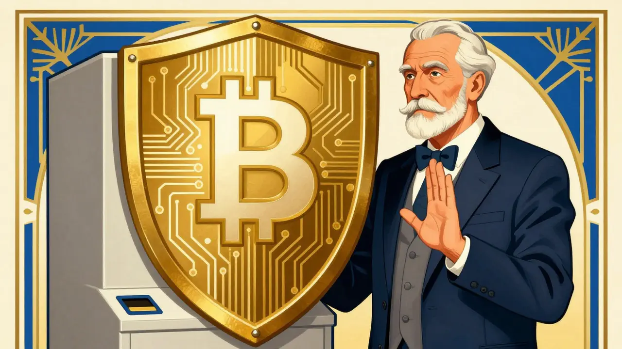 Senior citizen standing protectively next to a crypto ATM with a gold shield