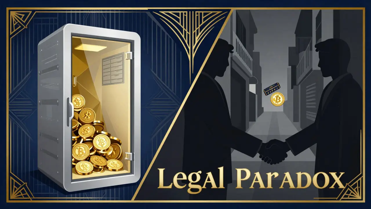 Split scene showing a secure vault for crypto trading and a private exchange of goods