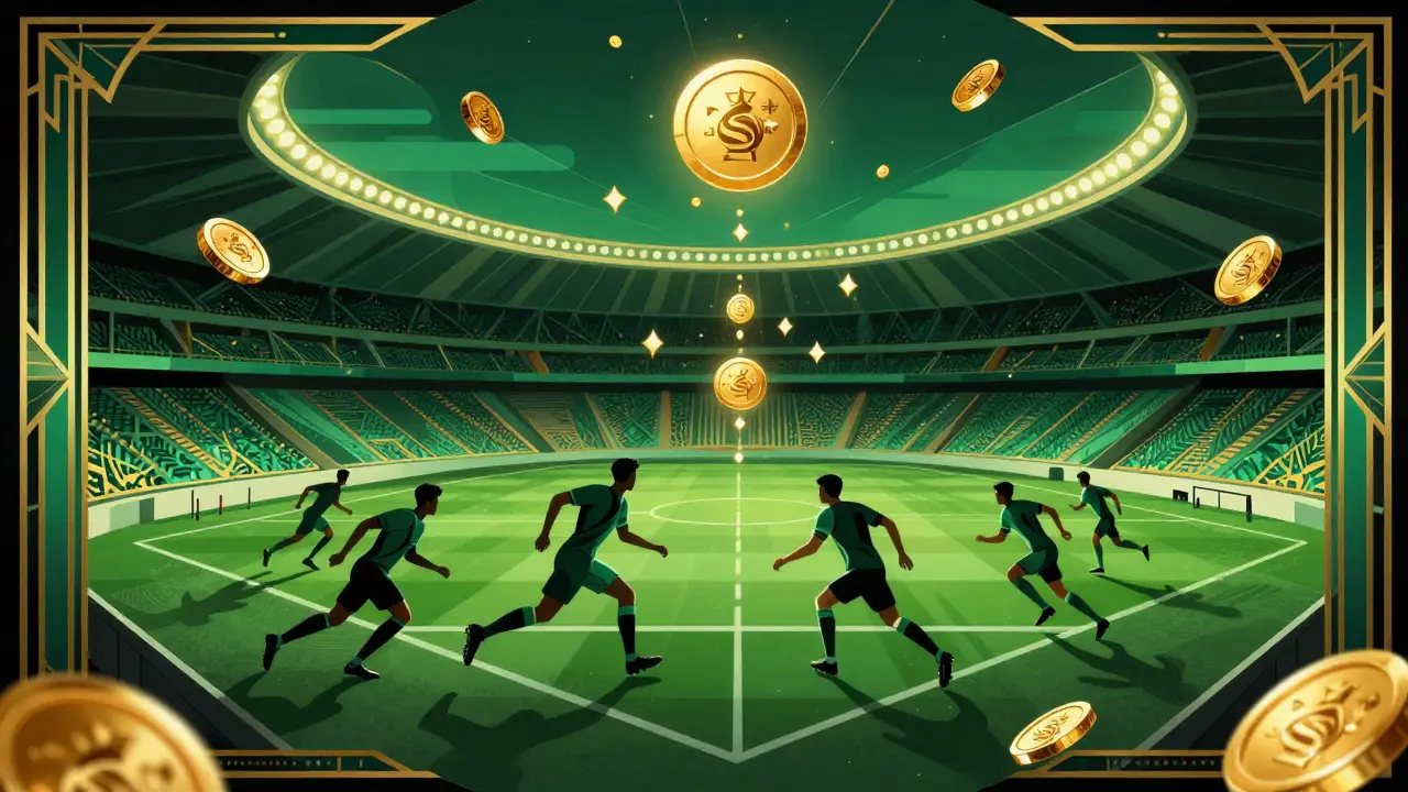 Stylized Art Deco soccer match in a geometric stadium with golden tokens falling from the sky.