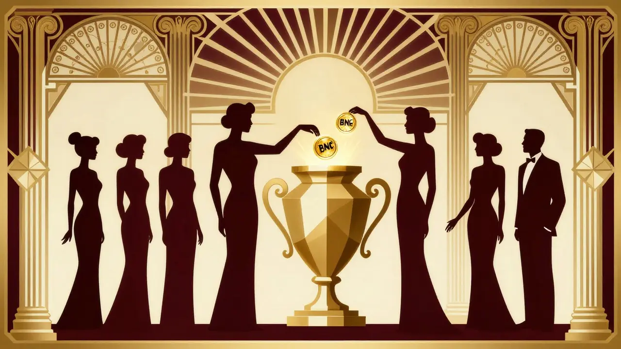 Stylized figures voting with golden tokens in an elegant Art Deco governance hall