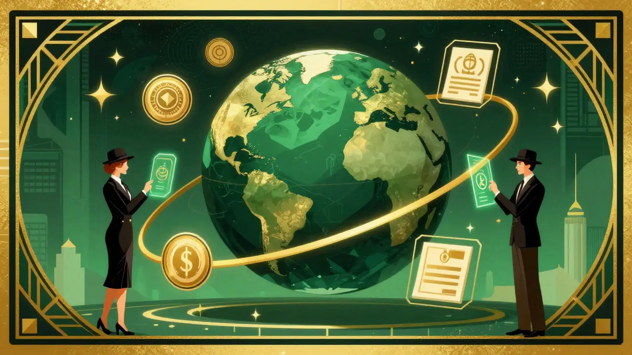 Stylized globe with golden rings and professional figures using blockchain credentials in Art Deco style.