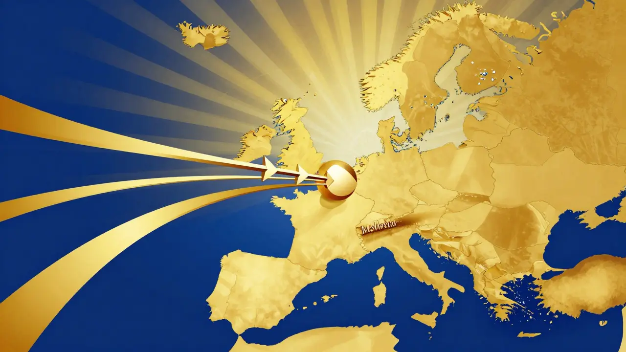 Stylized golden bridge connecting Malta to the European Union representing market passporting.