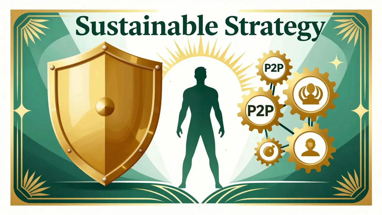 Symmetrical composition showing a balance between regulated exchanges and P2P networks