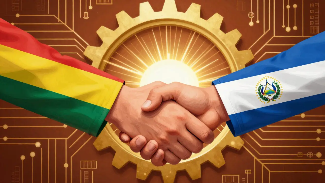Two stylized hands shaking in front of a golden gear and blockchain pattern, symbolizing cooperation.