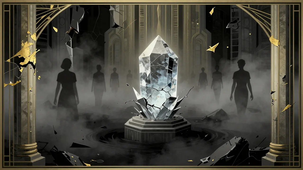 A cracked, dull crystal on a crumbling pedestal fading into mist, symbolizing an abandoned crypto project.