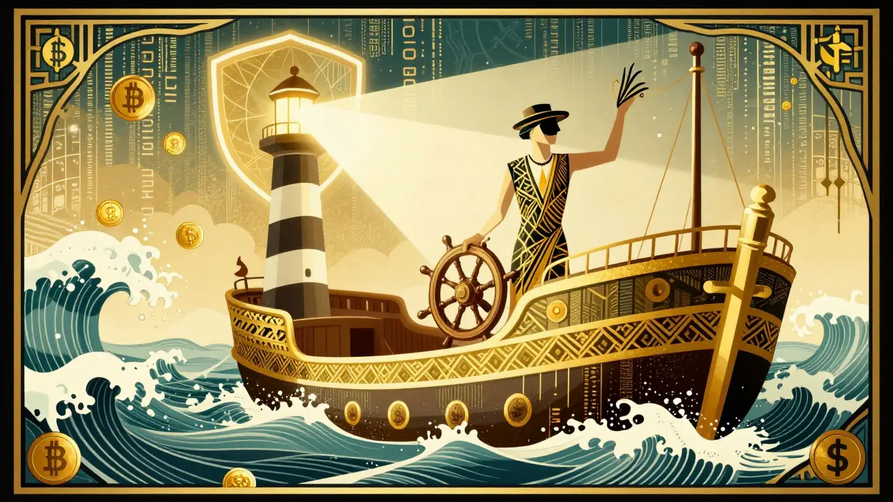 A stylized captain steering a ship through token waves with a protective light beam.