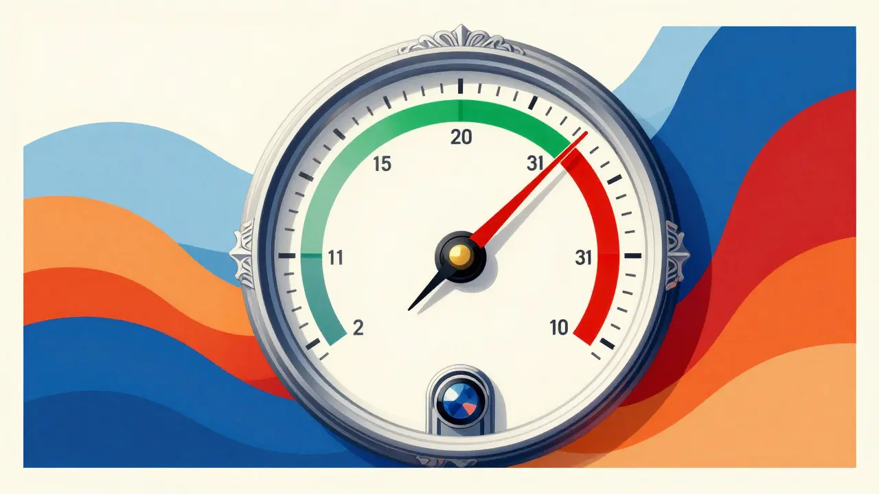 An ornate gauge needle shifting into red zones amidst colorful waves in Art Deco art.