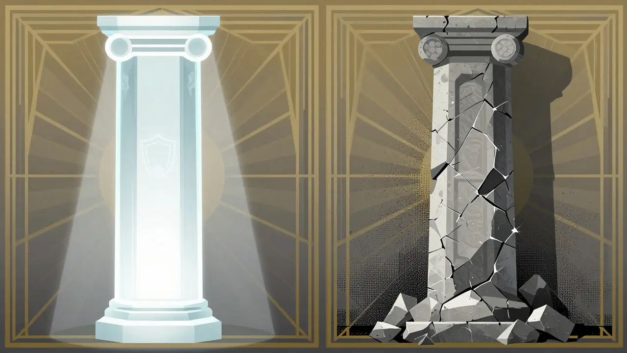 Art Deco art contrasting a secure glass pillar with a crumbling opaque one.