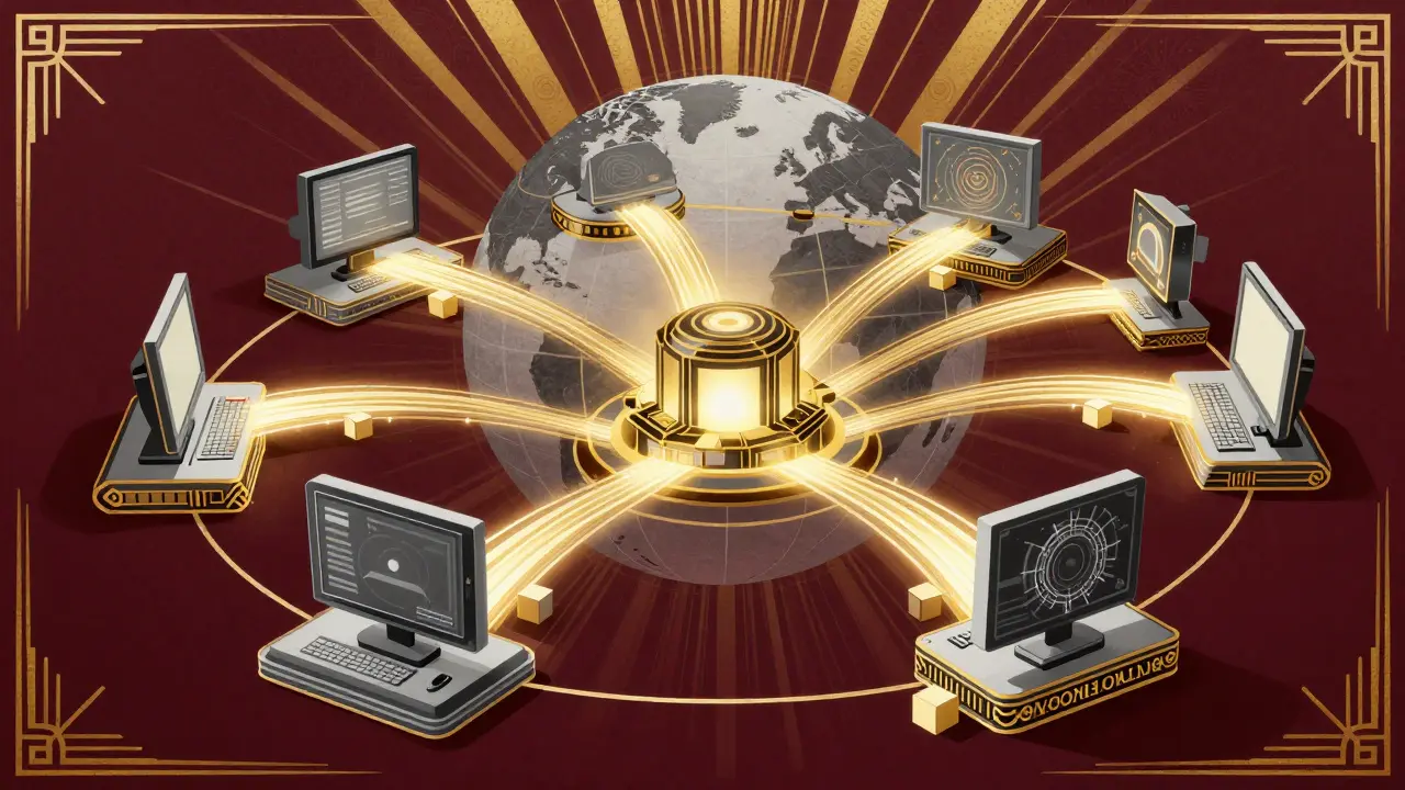 Art Deco depiction of a global peer-to-peer network connecting ornate computer nodes