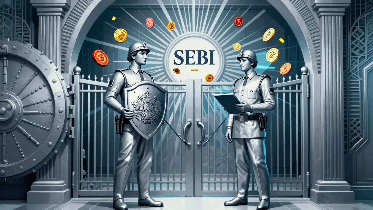 Art Deco depiction of regulatory figures guarding a vault of digital assets