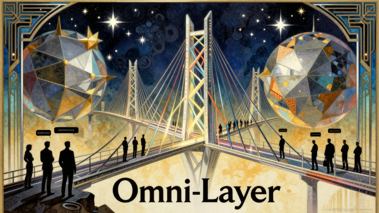 Art Deco drawing of a futuristic bridge connecting different blockchain worlds.