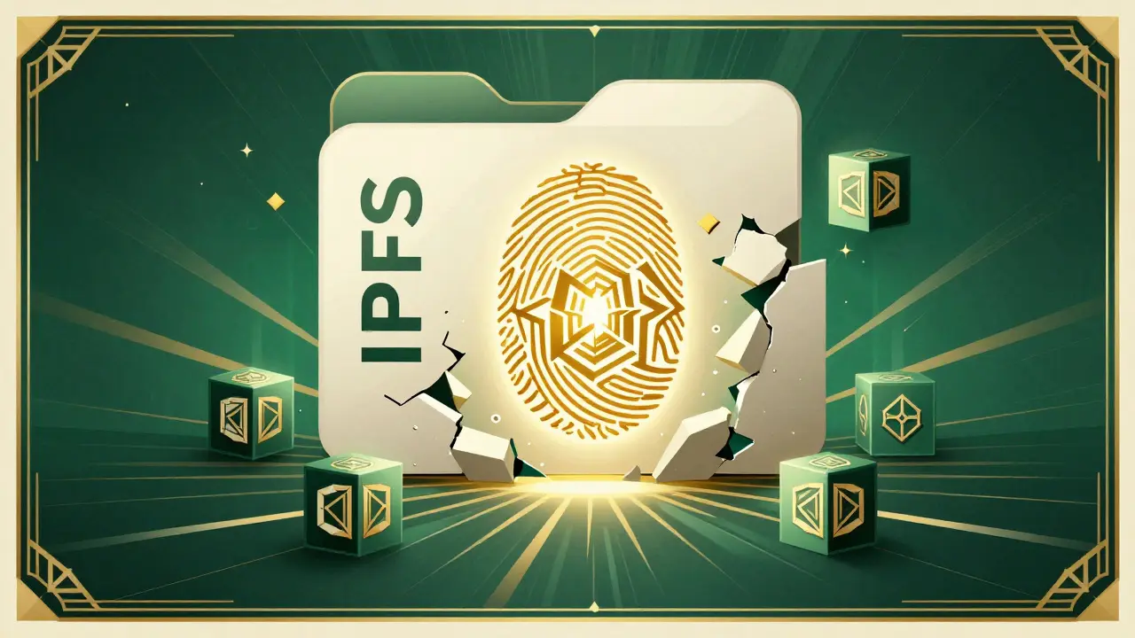 Art Deco graphic of a file breaking into hashed blocks forming a digital fingerprint