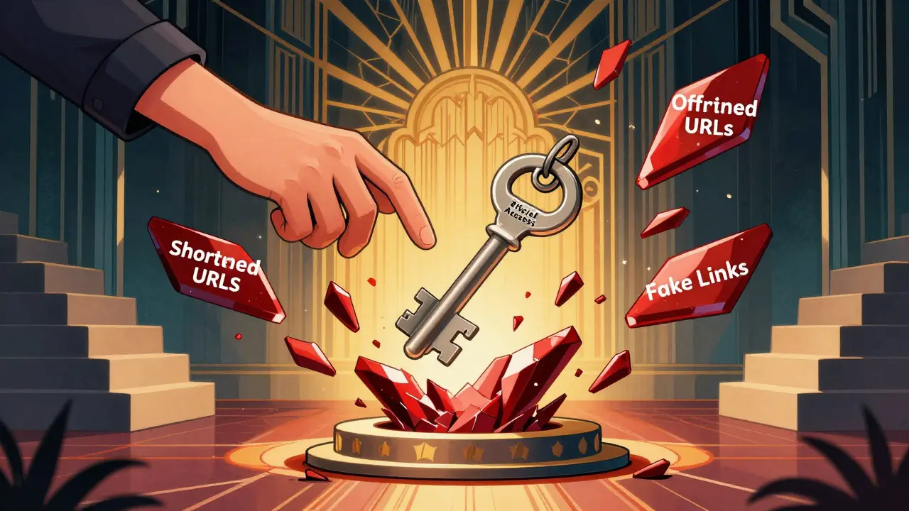 Art deco graphic showing safe access key surrounded by shattered scam links.