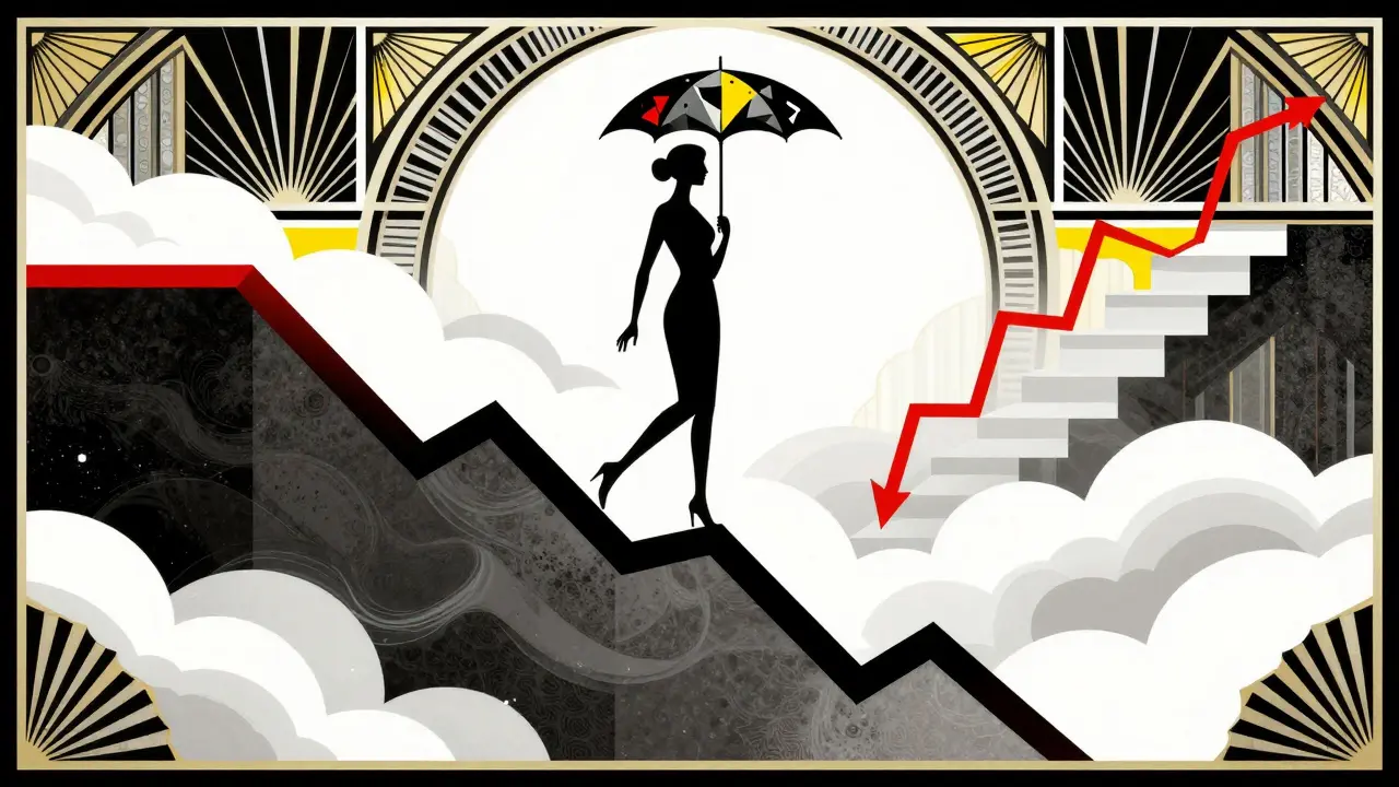 Art Deco illustration of a figure balancing on a volatile chart