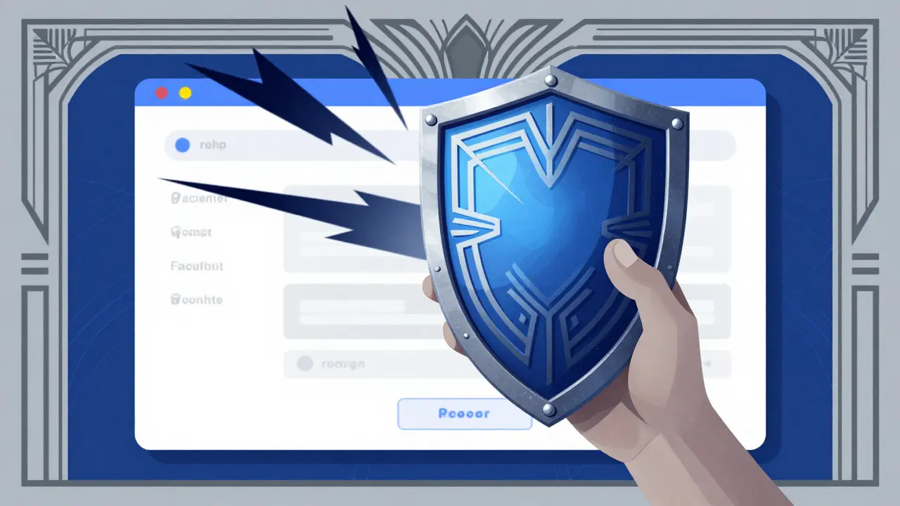 Art Deco illustration of a shield blocking dark threats, symbolizing security against crypto scams and phishing.