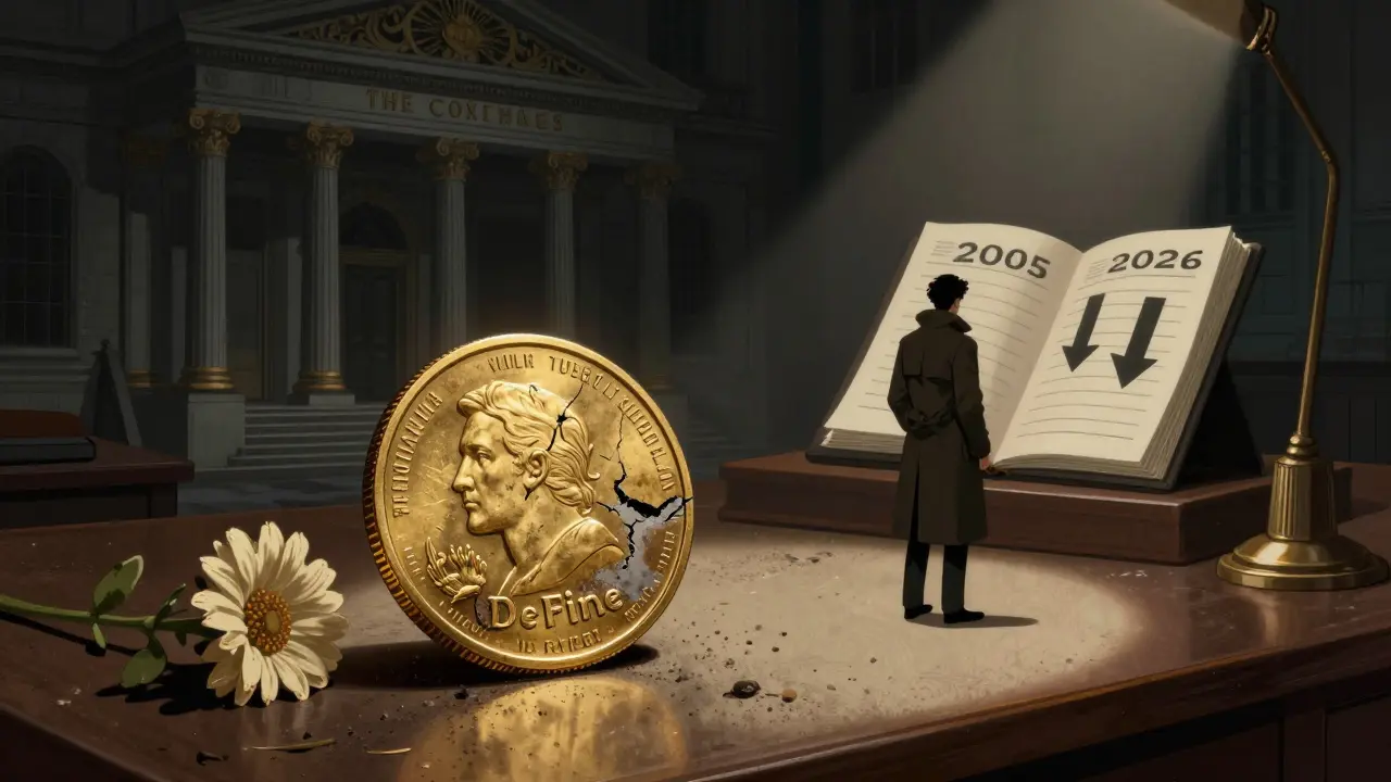 Art Deco illustration of a tarnished DFA coin on a dusty desk, symbolizing its loss of value and liquidity.