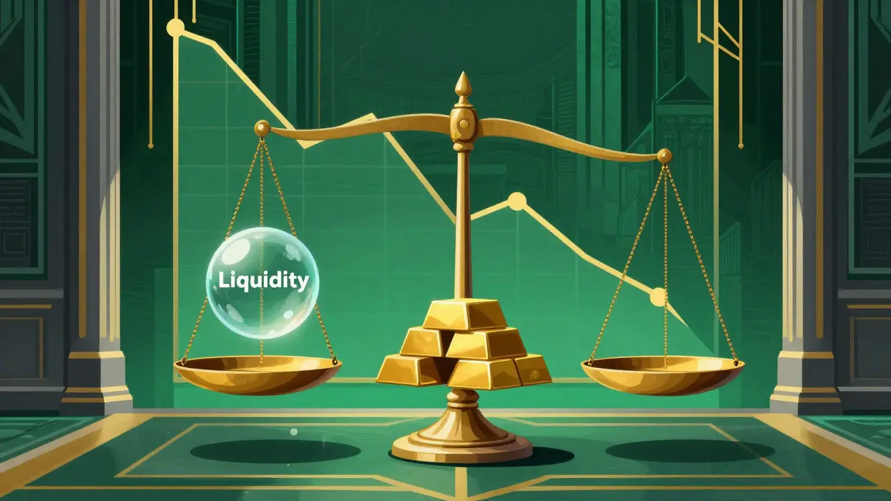 Art deco illustration of financial scales balancing risk and liquidity recovery.