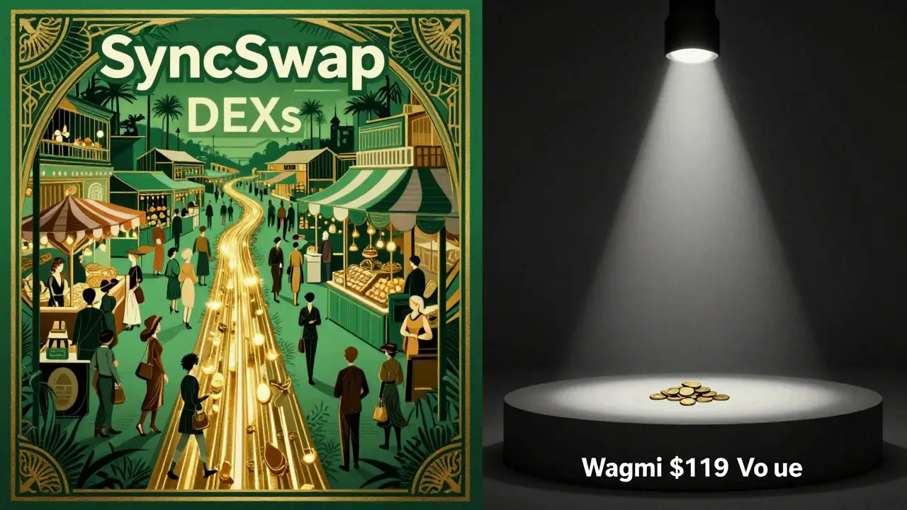 Art Deco poster contrasting busy markets with an empty stage for low volume.