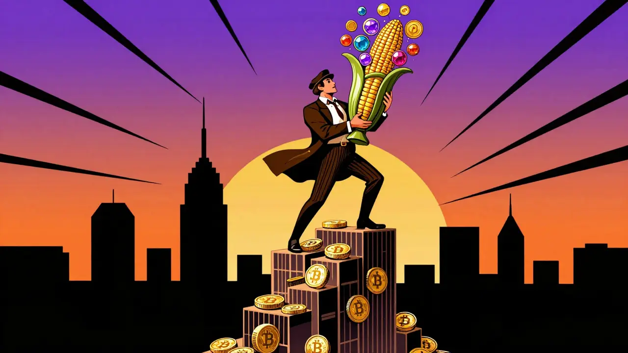 Art Deco poster of a person on a skyscraper holding a basket of diverse crypto reward tokens.