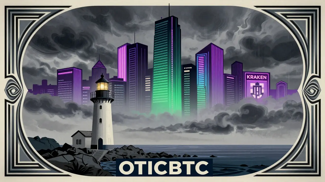 Art Deco poster showing a small lighthouse vs distant skyscrapers, comparing niche vs global exchanges.