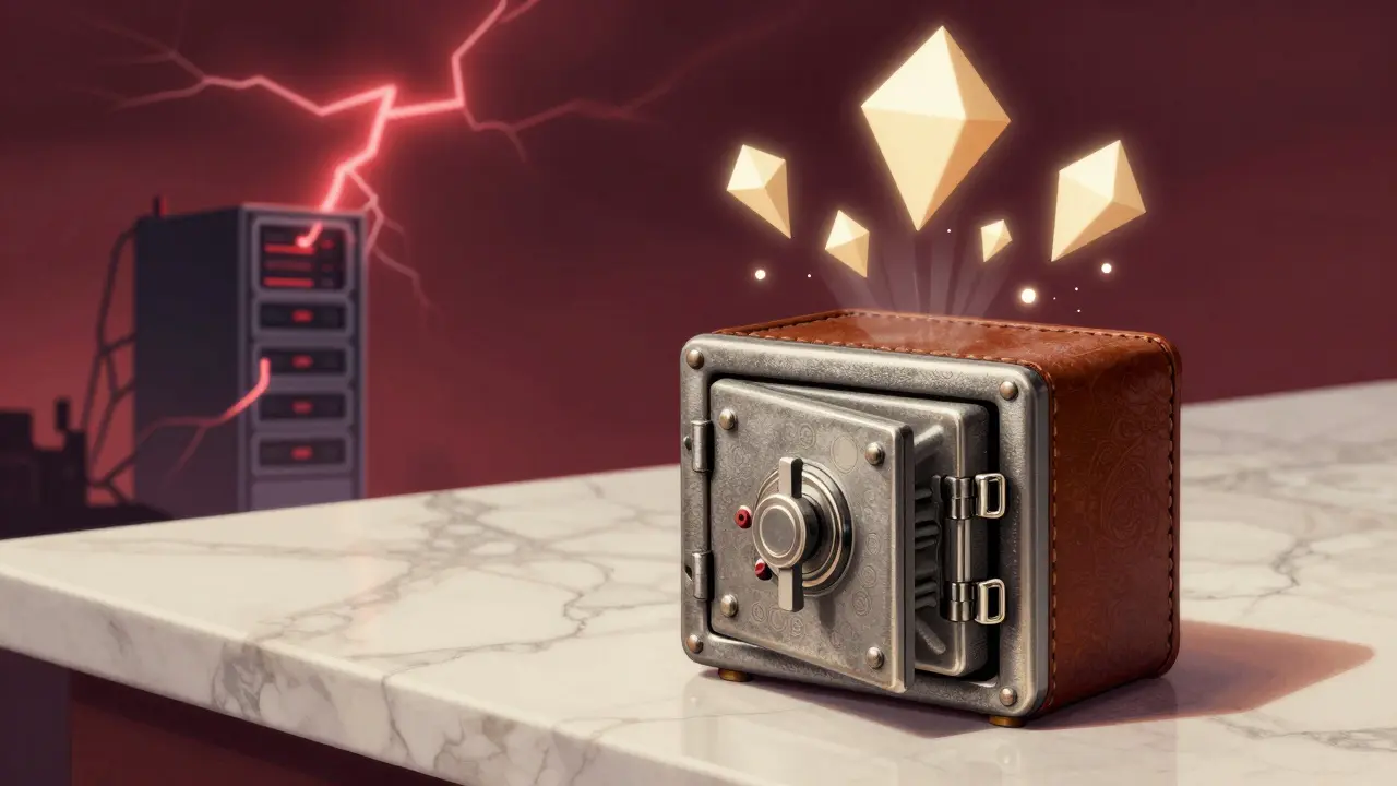 Art Deco style hardware wallet safe protecting crypto from background storms.