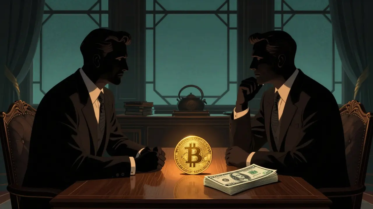 Art Deco style image of two brokers negotiating a private Bitcoin trade with cash on a table.
