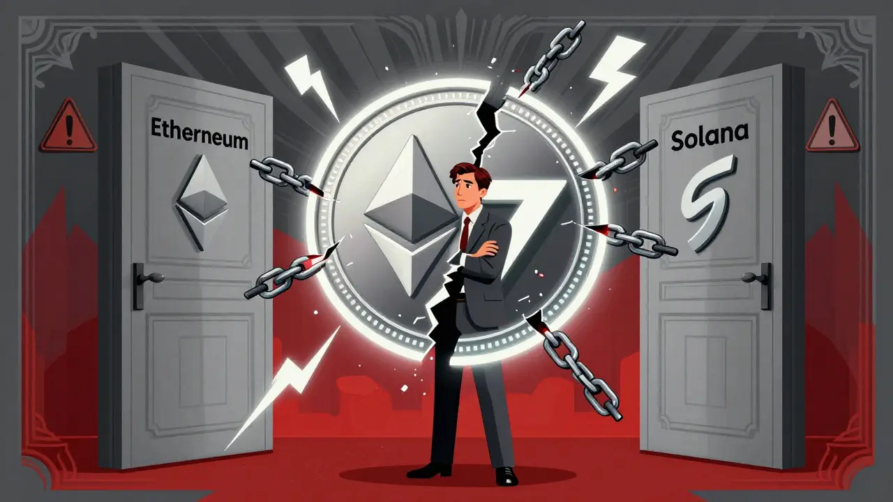 Art Deco style image showing a confused investor facing conflicting Ethereum and Solana blockchain paths for DFA.
