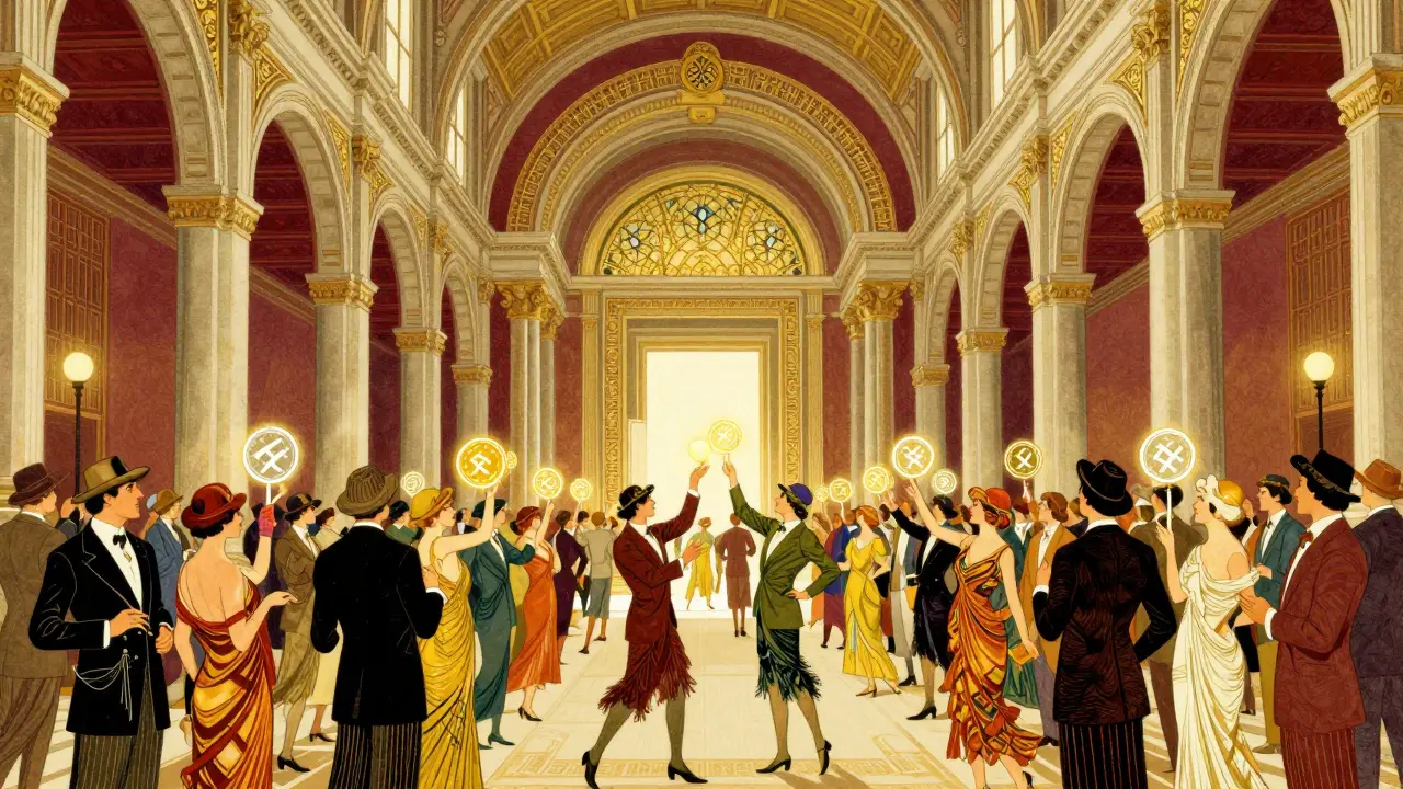 Crowd exchanging glowing tokens in a grand, ornate Art Deco exchange hall.