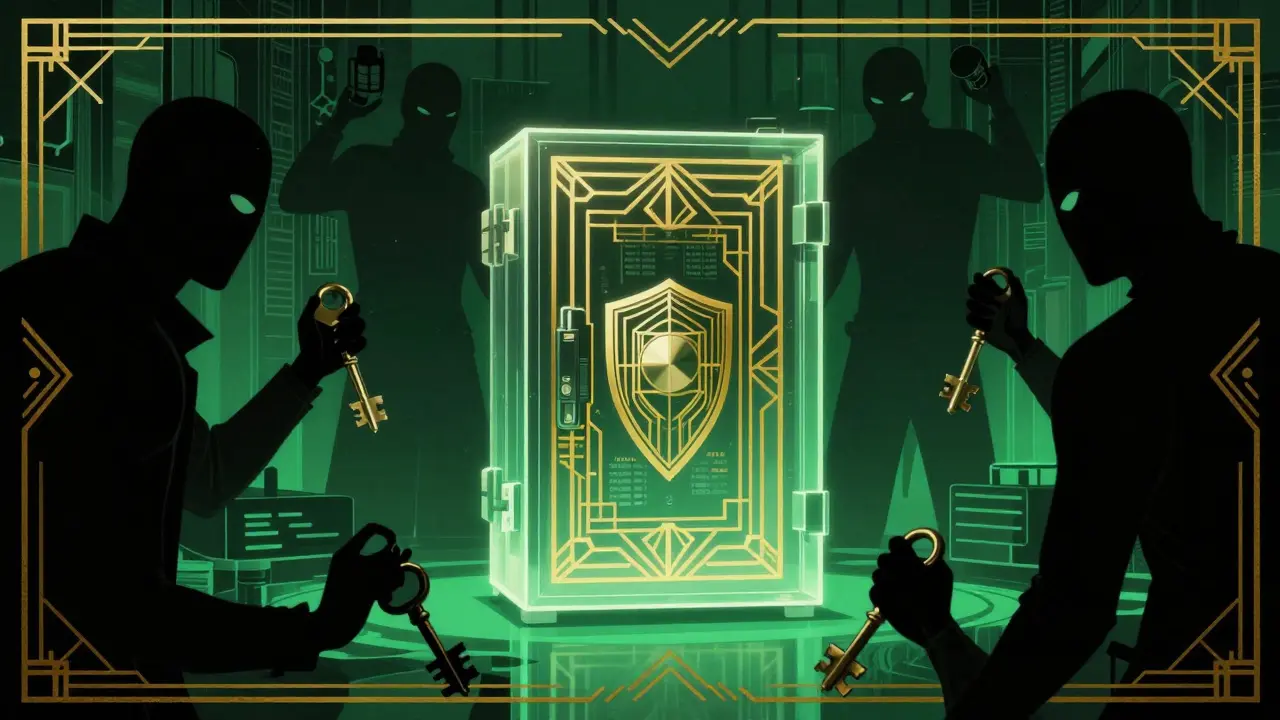 Digital vault protected from shadows in Art Deco illustration