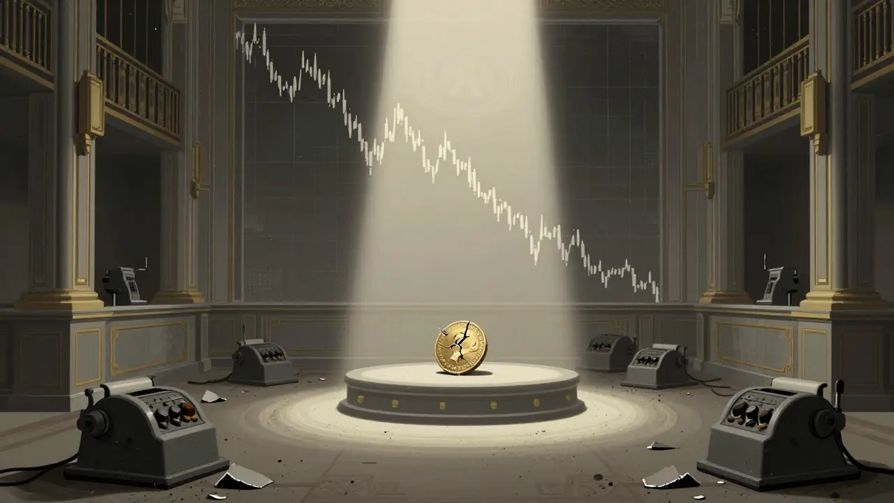 Empty art deco trading floor with a broken coin symbolizing zero liquidity